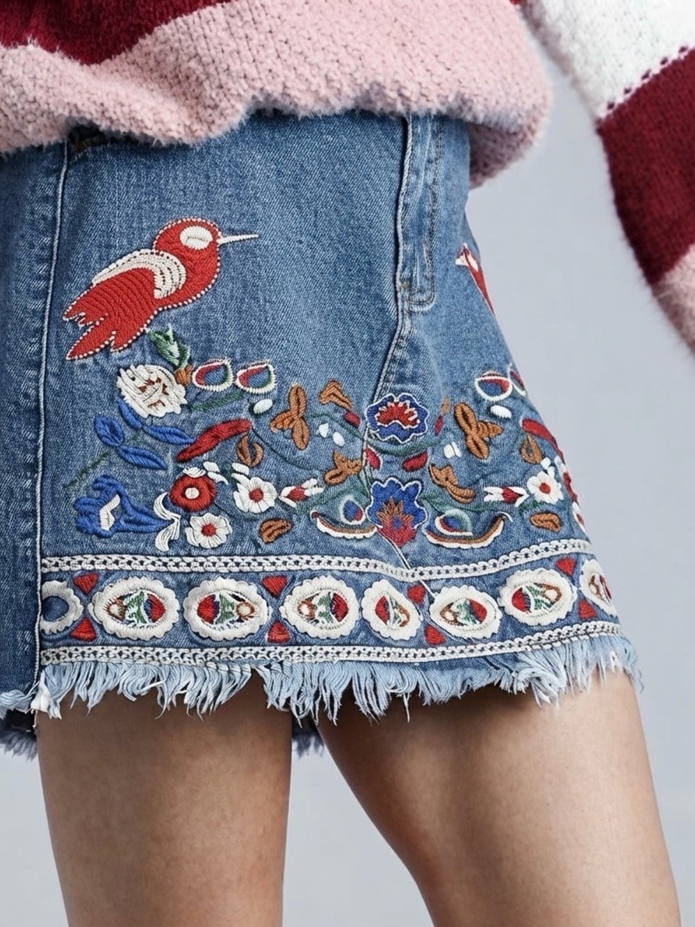 Umgee NWT Red Piper Boho Raw Hem Embroidered Mini Skirt Size XL
